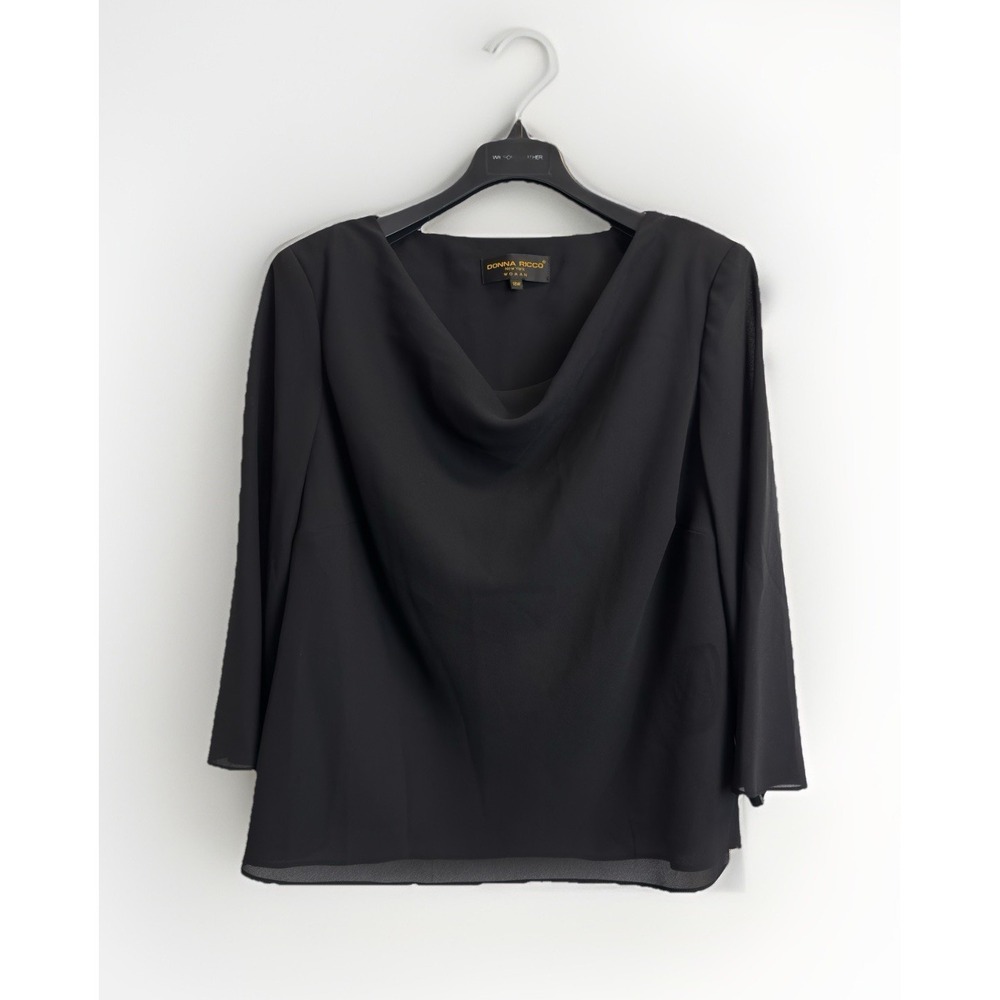 Donna Ricco Shirt Womens 18W Black Blouse Top Cowl Neck Long Sleeve Sheer Lined‎